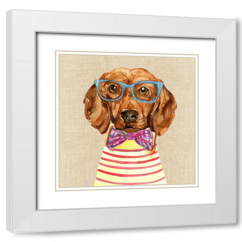 Dachshund With Fashion Glasses White Modern Wood Framed Art Print with Double Matting by Jing, Jin