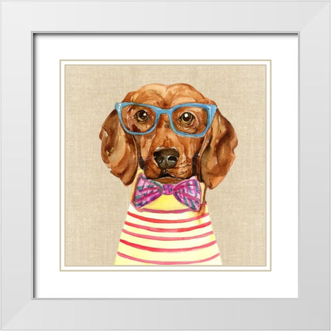 Dachshund With Fashion Glasses White Modern Wood Framed Art Print with Double Matting by Jing, Jin