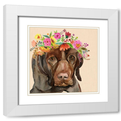 Dog with a wreath of colorful blossoms I White Modern Wood Framed Art Print with Double Matting by Jing, Jin