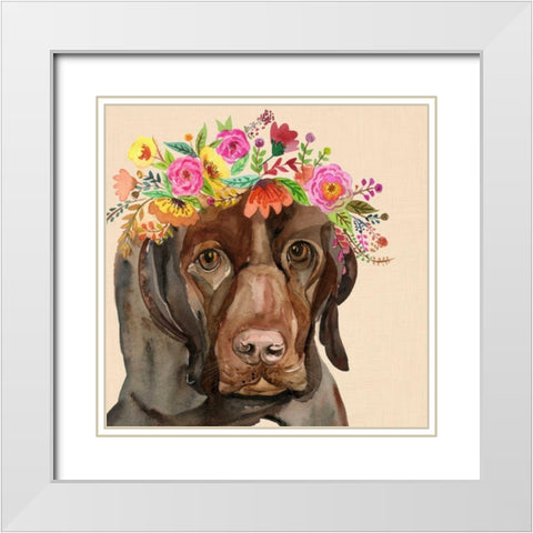 Dog with a wreath of colorful blossoms I White Modern Wood Framed Art Print with Double Matting by Jing, Jin