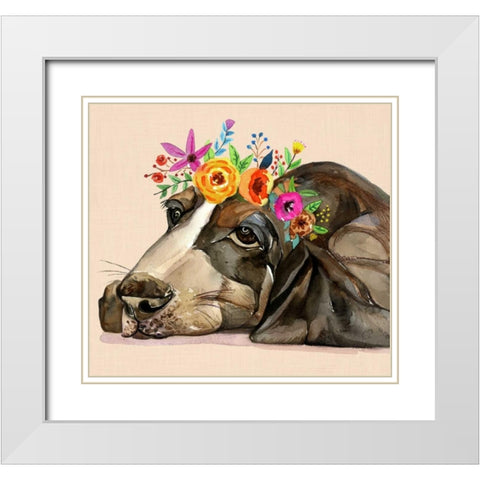 Dog With A Wreath Of Colorful Blossoms 11 White Modern Wood Framed Art Print with Double Matting by Jing, Jin