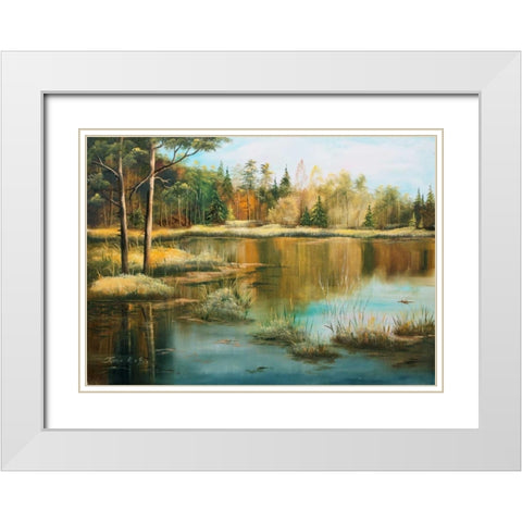 Oil forestlake II White Modern Wood Framed Art Print with Double Matting by Natalia, Gusak