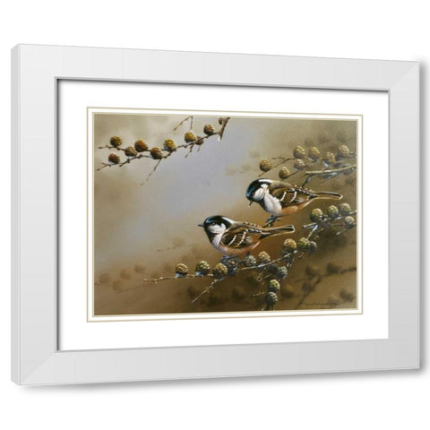 Two birds on branch White Modern Wood Framed Art Print with Double Matting by Weenink, Jan