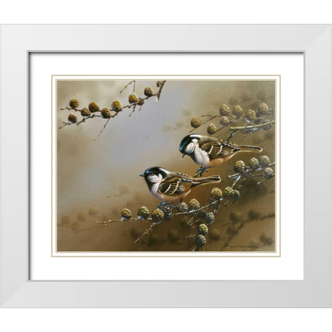 Two birds on branch White Modern Wood Framed Art Print with Double Matting by Weenink, Jan