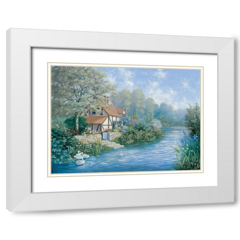 Lakescape White Modern Wood Framed Art Print with Double Matting by Motz, Peter