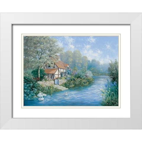 Lakescape White Modern Wood Framed Art Print with Double Matting by Motz, Peter