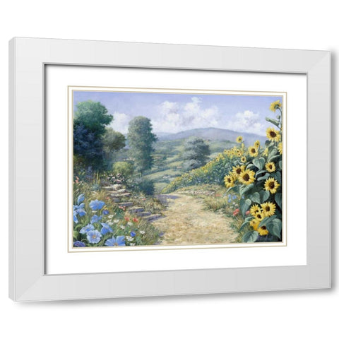 Along the sunflowers White Modern Wood Framed Art Print with Double Matting by Motz, Peter