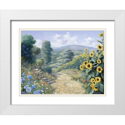 Along the sunflowers White Modern Wood Framed Art Print with Double Matting by Motz, Peter