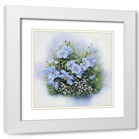 Blue flowers White Modern Wood Framed Art Print with Double Matting by Motz, Peter