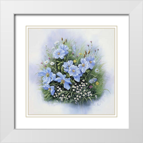Blue flowers White Modern Wood Framed Art Print with Double Matting by Motz, Peter