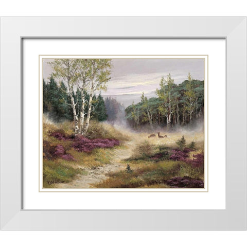 Watching the deers White Modern Wood Framed Art Print with Double Matting by Withaar, Reint
