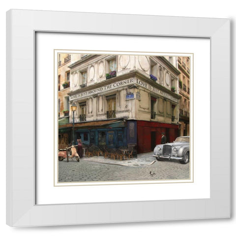 LOVE IS JUST AROUND THE CORNER White Modern Wood Framed Art Print with Double Matting by Yang, Eric