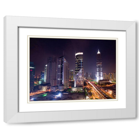 elevated view of skyscrapers at night, Shanghai White Modern Wood Framed Art Print with Double Matting by Frank, Assaf