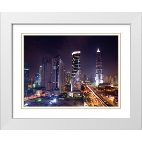 elevated view of skyscrapers at night, Shanghai White Modern Wood Framed Art Print with Double Matting by Frank, Assaf