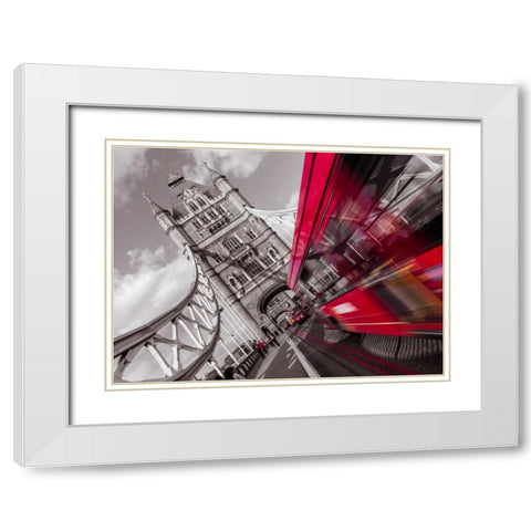 England, London, Double-Decker bus on tower bridge White Modern Wood Framed Art Print with Double Matting by Frank, Assaf