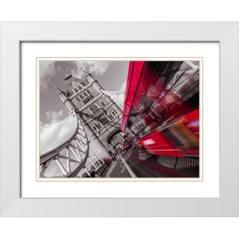 England, London, Double-Decker bus on tower bridge White Modern Wood Framed Art Print with Double Matting by Frank, Assaf