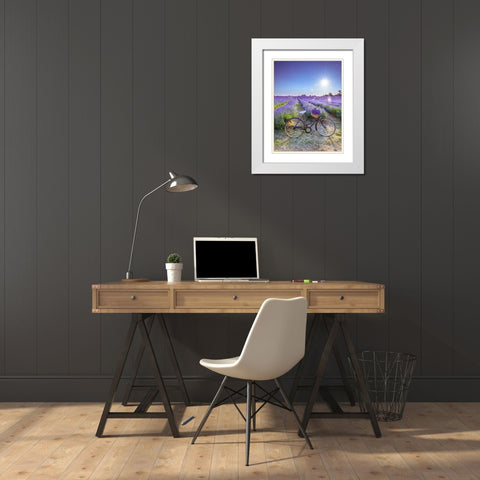Bicycle with flowers in a Lavender field White Modern Wood Framed Art Print with Double Matting by Frank, Assaf