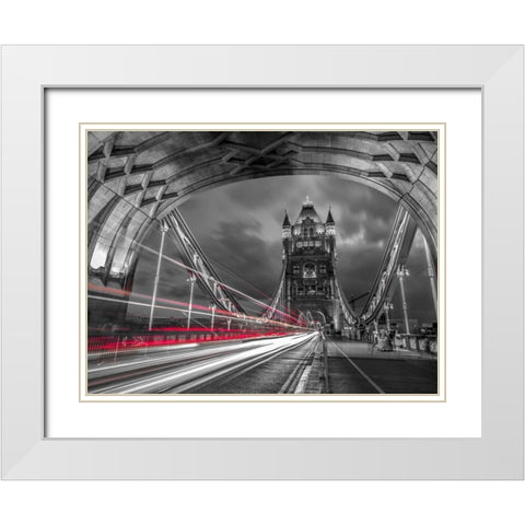 Tower bridge with strip lights, London, UK White Modern Wood Framed Art Print with Double Matting by Frank, Assaf