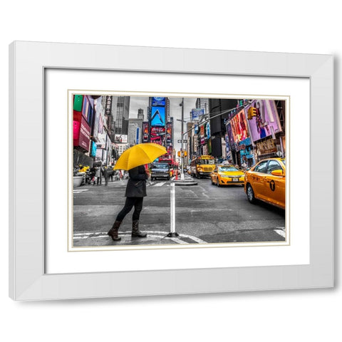 Man with yellow umbrella at Times square, New York White Modern Wood Framed Art Print with Double Matting by Frank, Assaf