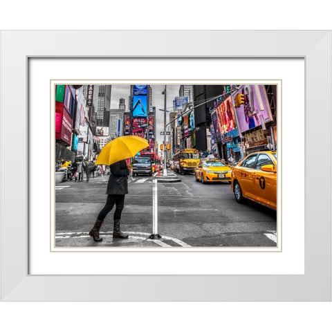 Man with yellow umbrella at Times square, New York White Modern Wood Framed Art Print with Double Matting by Frank, Assaf