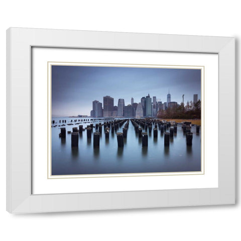 Lower Manhattan Skyline with pier pilings in east river, New York, USA White Modern Wood Framed Art Print with Double Matting by Frank, Assaf