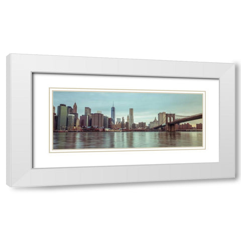 Lower Manhattan skyline with Brooklyn Bridge, New York White Modern Wood Framed Art Print with Double Matting by Frank, Assaf