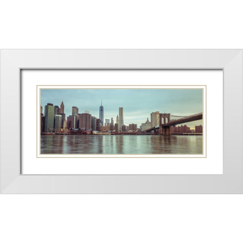 Lower Manhattan skyline with Brooklyn Bridge, New York White Modern Wood Framed Art Print with Double Matting by Frank, Assaf