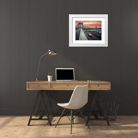 Cab on brooklyn bridge, Manhattan, New York White Modern Wood Framed Art Print with Double Matting by Frank, Assaf
