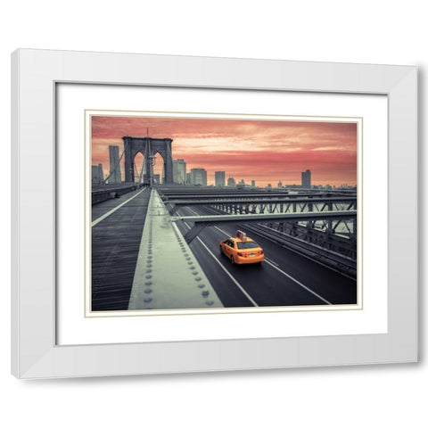 Cab on brooklyn bridge, Manhattan, New York White Modern Wood Framed Art Print with Double Matting by Frank, Assaf