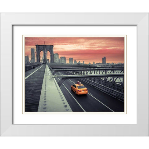 Cab on brooklyn bridge, Manhattan, New York White Modern Wood Framed Art Print with Double Matting by Frank, Assaf