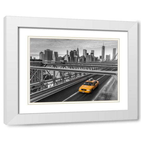 Taxi on Brooklyn Bridge, New York White Modern Wood Framed Art Print with Double Matting by Frank, Assaf