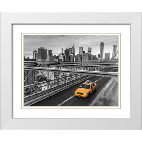 Taxi on Brooklyn Bridge, New York White Modern Wood Framed Art Print with Double Matting by Frank, Assaf