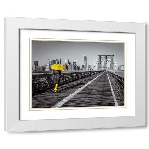 Female tourist with umbrella taking a walk on pedestrian walkway on Brooklyn bridge, New York White Modern Wood Framed Art Print with Double Matting by Frank, Assaf