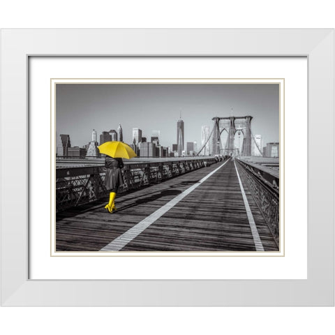 Female tourist with umbrella taking a walk on pedestrian walkway on Brooklyn bridge, New York White Modern Wood Framed Art Print with Double Matting by Frank, Assaf
