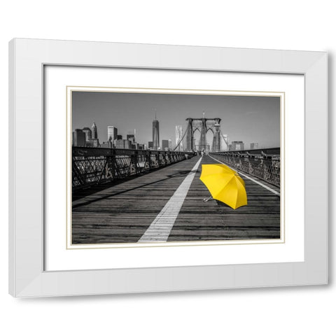 Yellow umbrella on pedestrian walkway on Brooklyn bridge, New York White Modern Wood Framed Art Print with Double Matting by Frank, Assaf