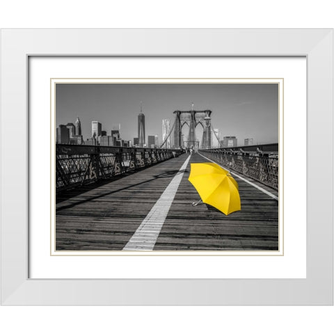 Yellow umbrella on pedestrian walkway on Brooklyn bridge, New York White Modern Wood Framed Art Print with Double Matting by Frank, Assaf