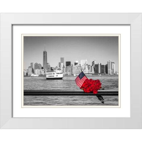 USA flag with bunch of roses on railing with Lower manhattan skyline in background, New York White Modern Wood Framed Art Print with Double Matting by Frank, Assaf
