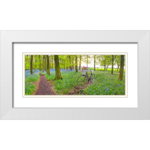 Bicycle in spring forest with bunch of flowers White Modern Wood Framed Art Print with Double Matting by Frank, Assaf