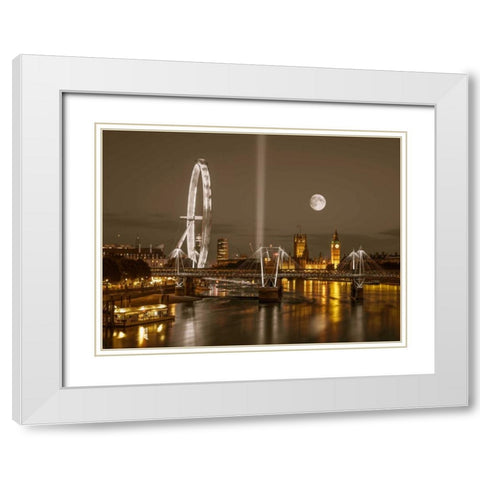 Night view of the London Eye, Golden Jubilee bridge and Westminster, London, UK White Modern Wood Framed Art Print with Double Matting by Frank, Assaf