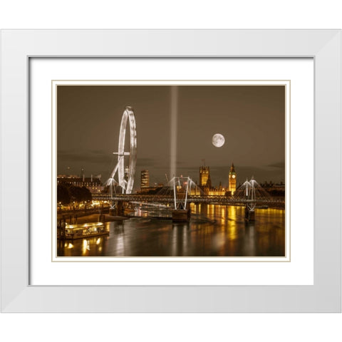 Night view of the London Eye, Golden Jubilee bridge and Westminster, London, UK White Modern Wood Framed Art Print with Double Matting by Frank, Assaf