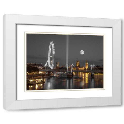 Night view of the London Eye, Golden Jubilee bridge and Westminster, London, UK White Modern Wood Framed Art Print with Double Matting by Frank, Assaf