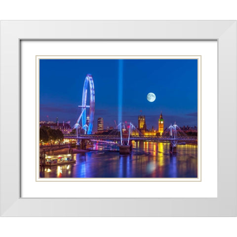 Night view of the London Eye, Golden Jubilee bridge and Westminster, London, UK White Modern Wood Framed Art Print with Double Matting by Frank, Assaf
