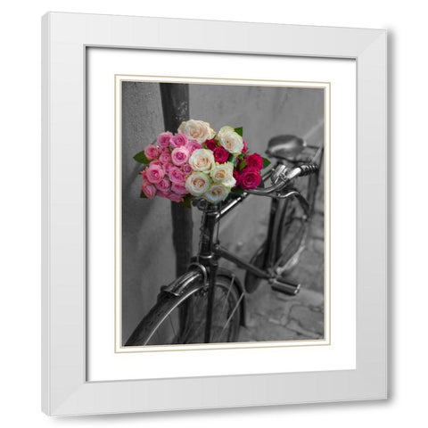 Bunch of Roses on bicycle, Paris, France White Modern Wood Framed Art Print with Double Matting by Frank, Assaf