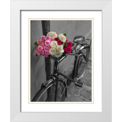 Bunch of Roses on bicycle, Paris, France White Modern Wood Framed Art Print with Double Matting by Frank, Assaf