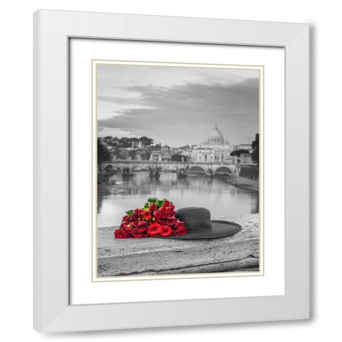 Hat and bunch of roses on bridge with Basilica di San Pietro in Vatican, Rome, Italy White Modern Wood Framed Art Print with Double Matting by Frank, Assaf