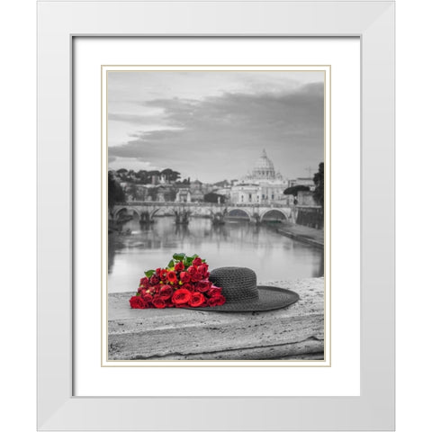 Hat and bunch of roses on bridge with Basilica di San Pietro in Vatican, Rome, Italy White Modern Wood Framed Art Print with Double Matting by Frank, Assaf