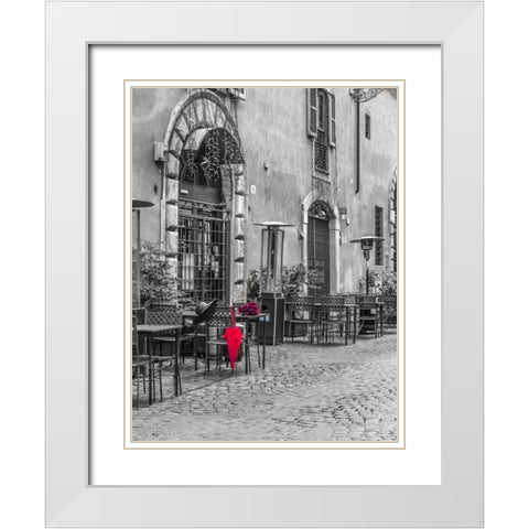 Red umbrella with female hat and bunch of roses on cafe table, Rome, Italy White Modern Wood Framed Art Print with Double Matting by Frank, Assaf