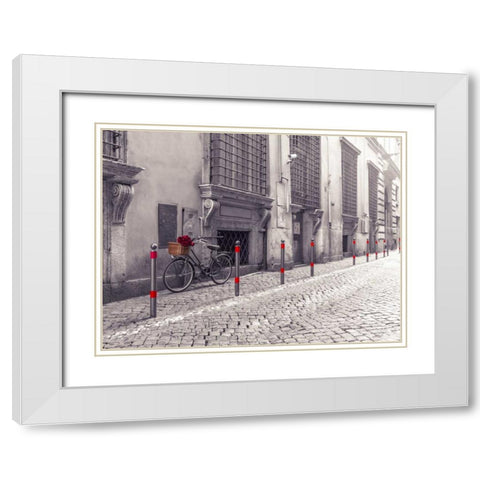 Bunch of roses on bicycle on old city street of Rome White Modern Wood Framed Art Print with Double Matting by Frank, Assaf