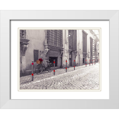Bunch of roses on bicycle on old city street of Rome White Modern Wood Framed Art Print with Double Matting by Frank, Assaf