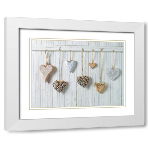 Hearts hanging on wooden background White Modern Wood Framed Art Print with Double Matting by Frank, Assaf